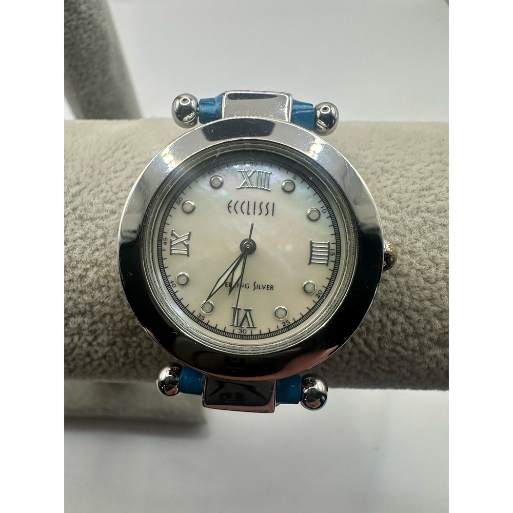 Ecclissi 22340 Sterling Silver Womens‎ Watch New Battery 32MM 7.5" Leather MOP Z